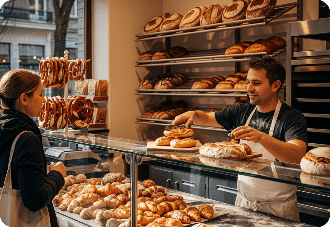 A woman ordering bread at a Berlin bakery.
