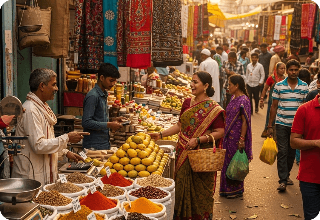 Locals shopping for food at a roadside bazaar in India.