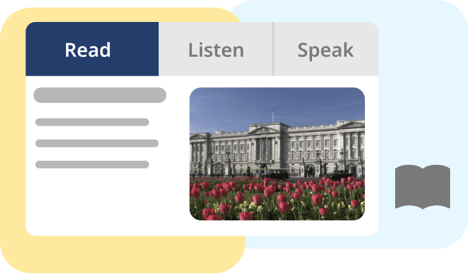 Language learning app interface with the options to read, listen, or speak a text about a cultural landmark.