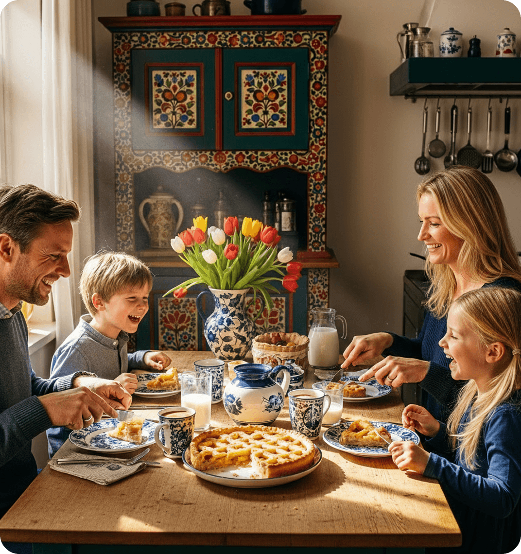 A Dutch family gathered around a breakfast table in a bright kitchen with tulips, speaking Dutch while sharing Dutch apple pie.