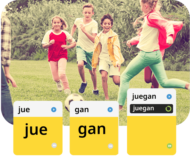 Children play soccer overlaid with the Rosetta Stone app’s interface showing a phonetic breakdown of the Spanish word for play