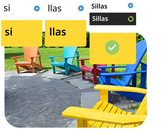 Colorful chairs are arranged around a park, overlaid with the Rosetta Stone app’s phonetic breakdown of the Spanish word for chairs.