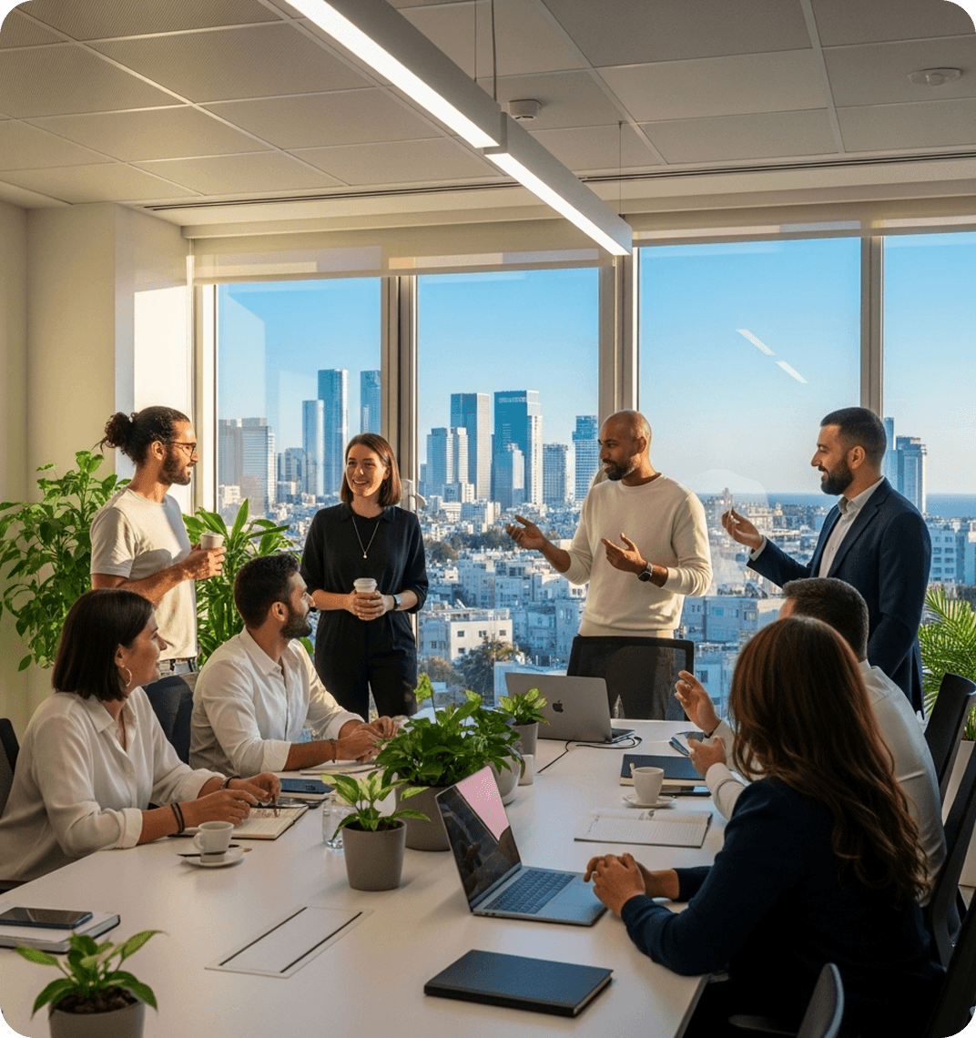 Coworkers speak in Hebrew at a business in Haifa.
