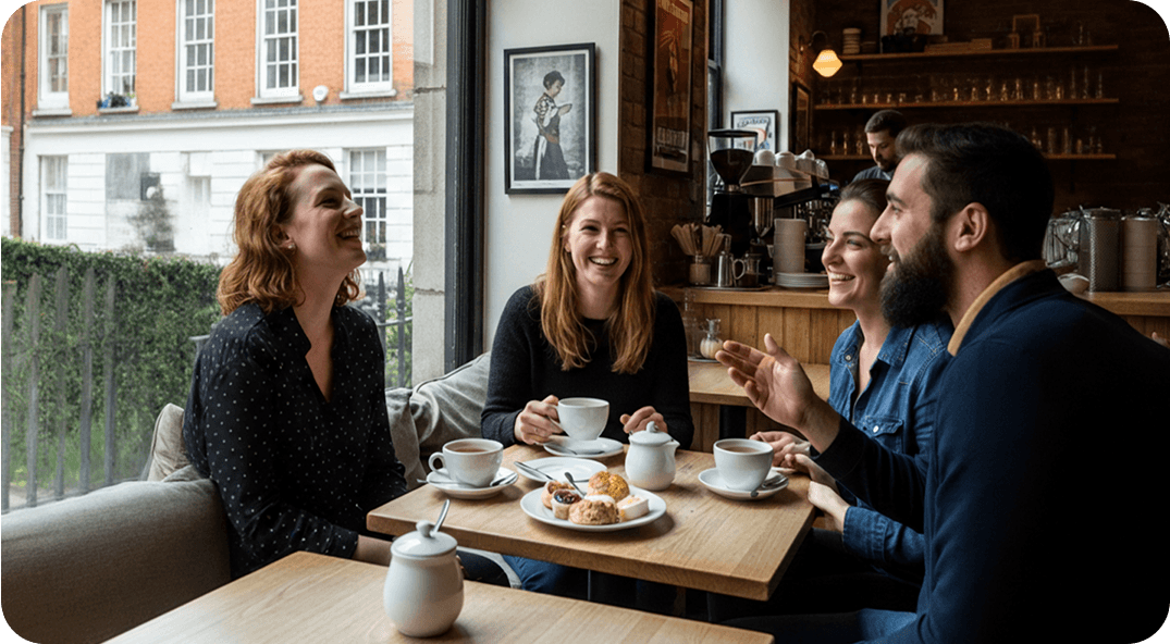 A lively scene in a Dublin café with friends chatting in English over tea and scones.