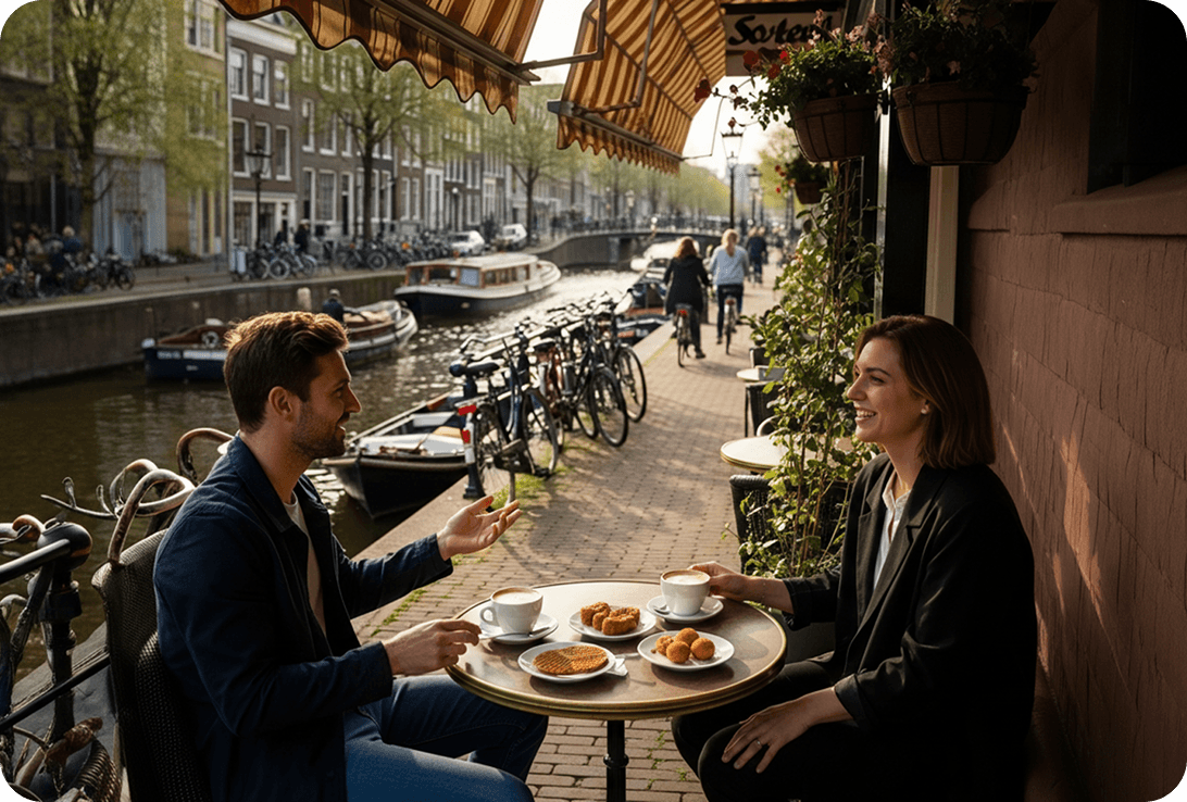 Friends sitting outside at a café along a canal, chatting in Dutch over coffee and stroopwafels.