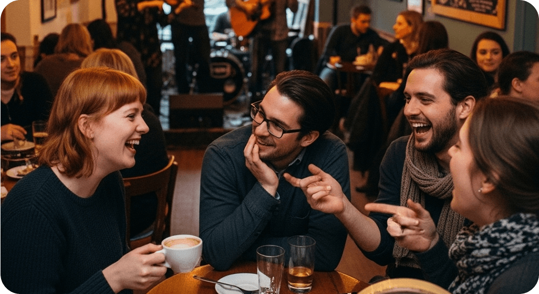 Friends chatting in Irish at a local café, laughing and chatting cheerfully as live traditional music plays in the background.