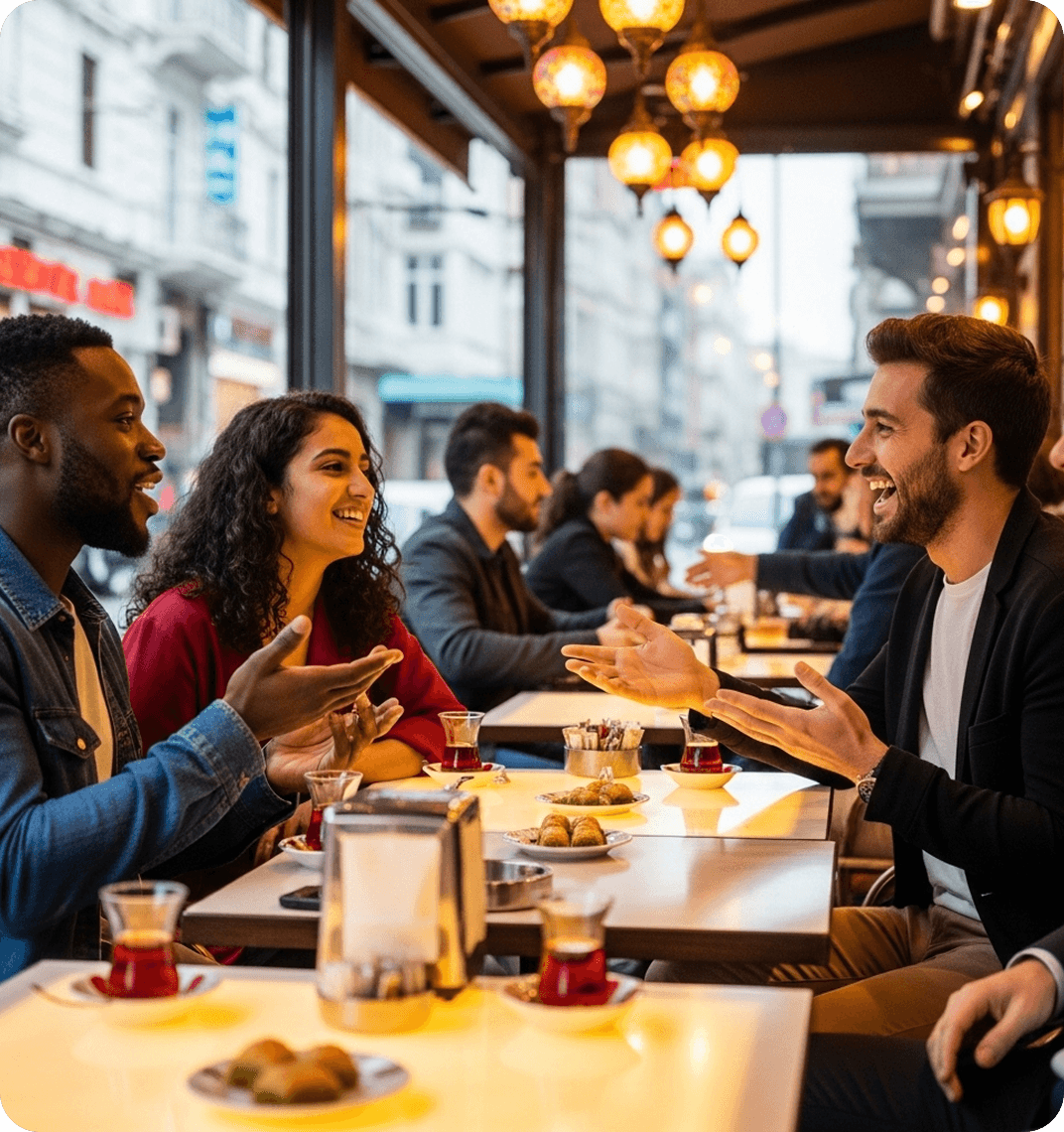 Friends share baklava and Turkish tea at a café terrace in Istanbul while speaking Turkish and laughing together.
