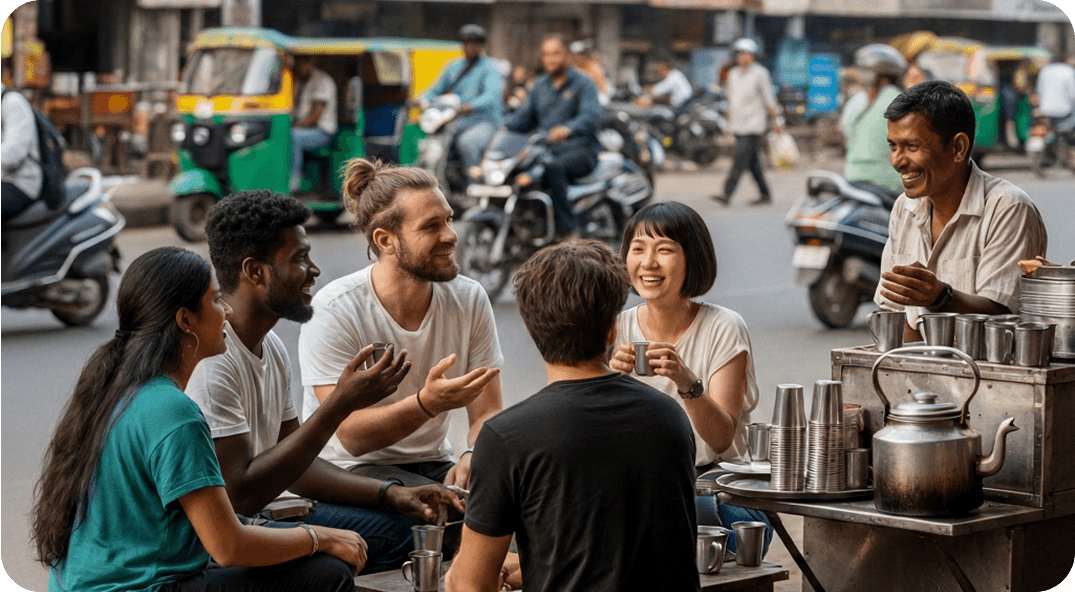 Five travelers converse in Hindi with a local chaiwala and order drinks.
