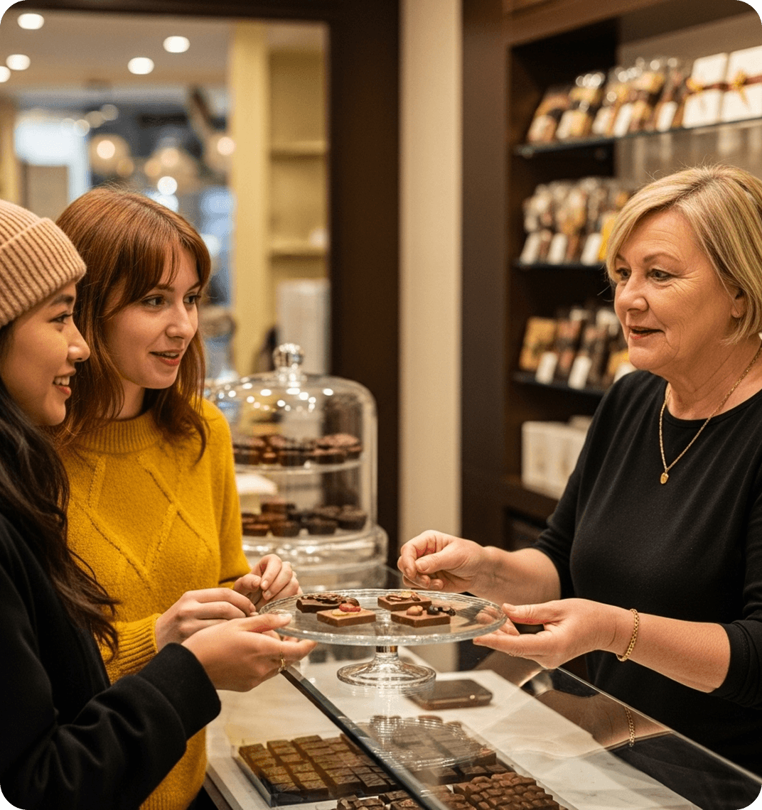 Two friends speaking French while trying samples from a chocolatier.