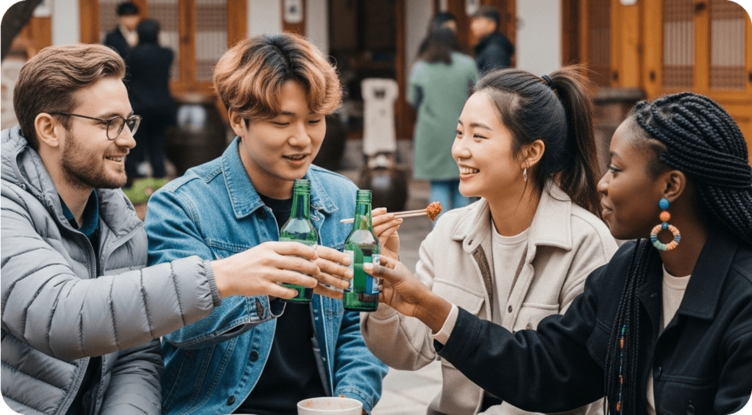 Four travelers in Korea enjoying lunch in a traditional courtyard.