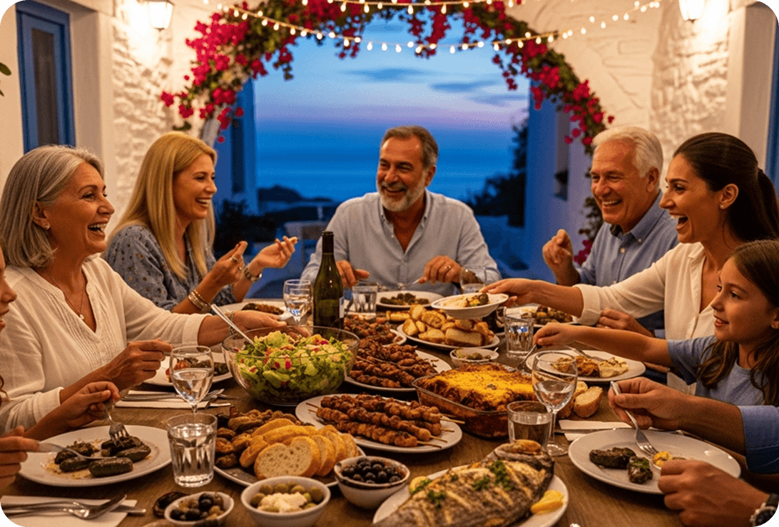 A family speaks in Greek while eating a traditional dinner near the Aegean Sea.