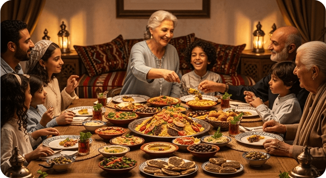 An Arabic speaking family share dinner together.
