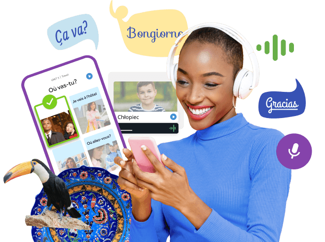 Smiling woman practices speaking a new language on a mobile app, surrounded by speech bubble greetings in multiple languages, and screens from the Rosetta Stone mobile app.