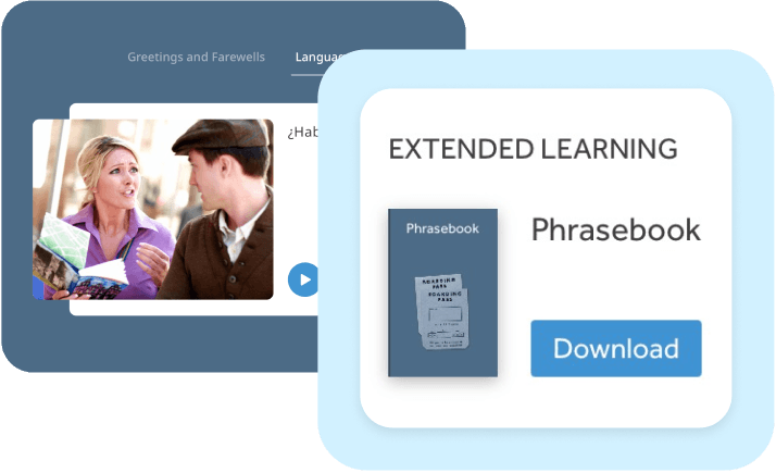 Downloadable phrasebook offering extended learning, alongside a screen showing conversation practice from a language learning app.