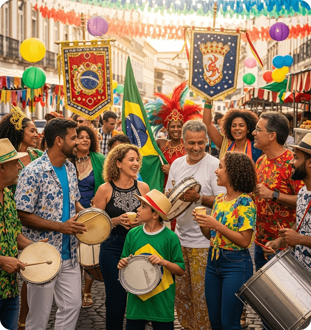 Families and friends celebrating Carnival, speaking Portuguese while dancing and waving flags.