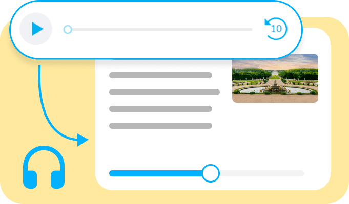Language learning app interface with a picture of a palace garden.