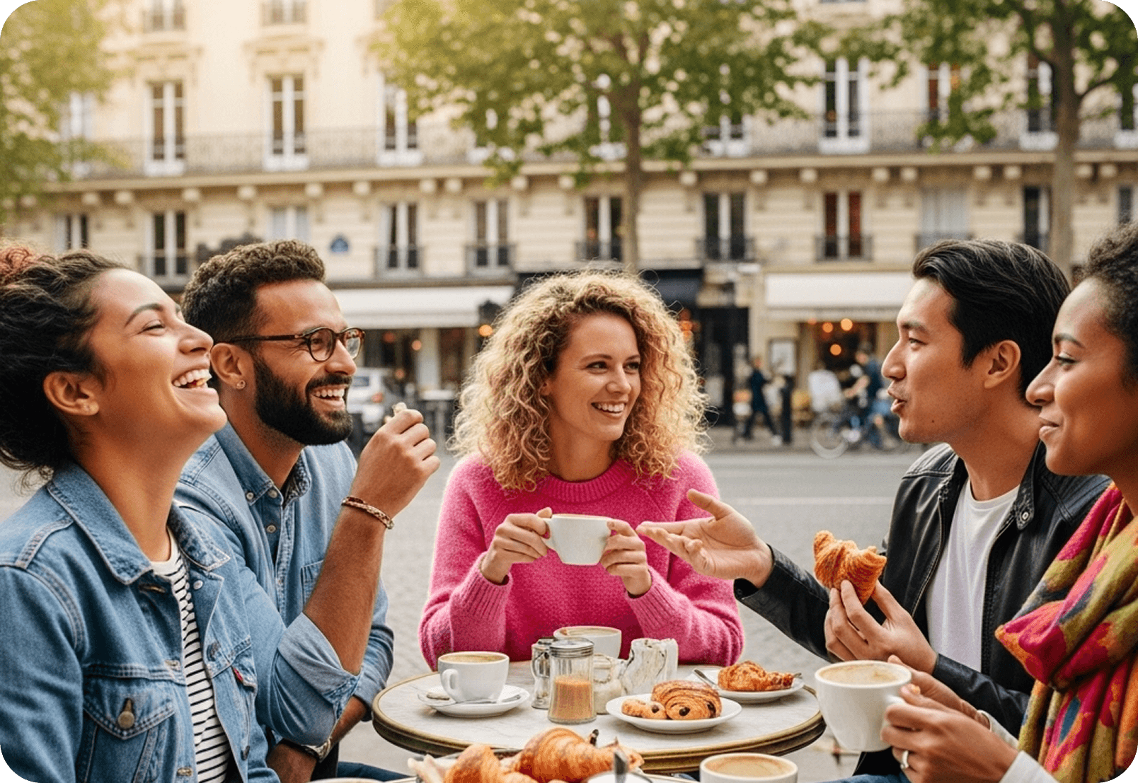 A group of friends practicing French in a café.