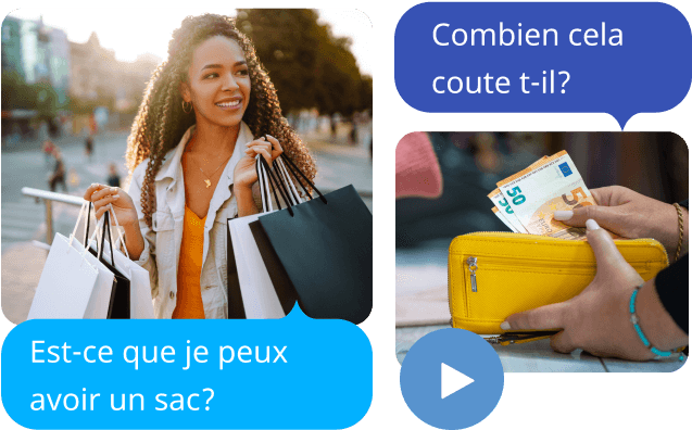 Woman smiling with shopping bags with a speech bubble reading “Est-ce que je peux avoir un sac?” alongside woman opening a purse with a speech bubble saying, “Combien cela coute t-il?”