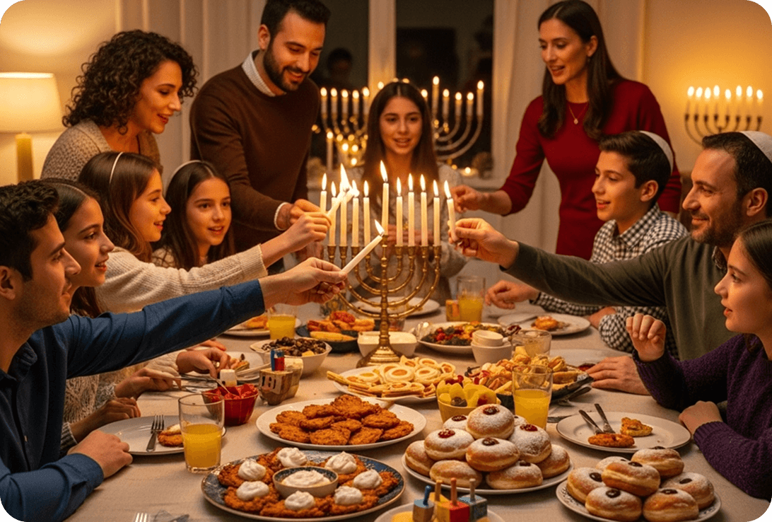A family speaks in Hebrew while celebrating Hannukah before dinner.