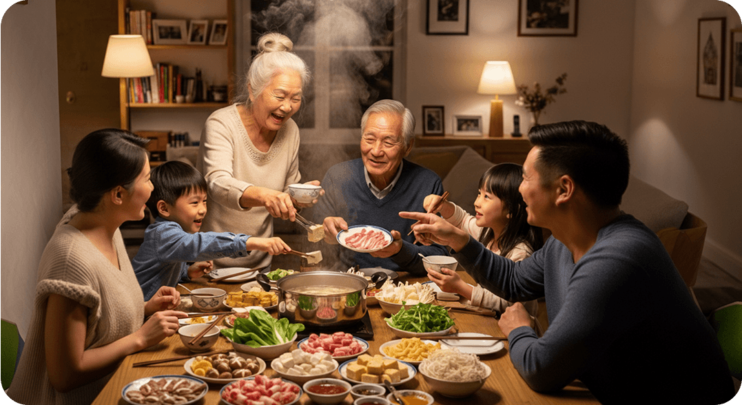 A multigenerational family gathered around a steaming hotpot at home, speaking Mandarin as they cook, serve, and share ingredients.