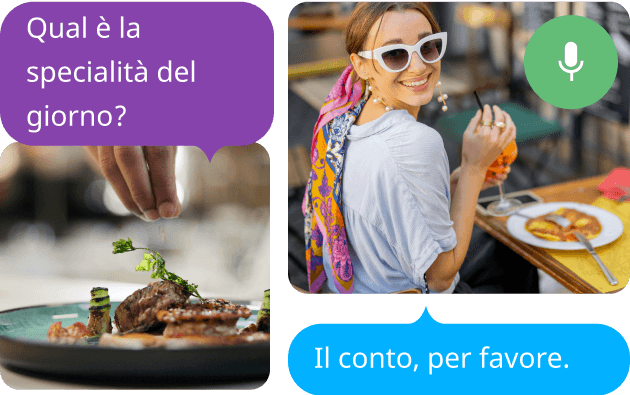 Chef plating a steak with a speech bubble reading, “Qual è la specialità del giorno?” alongside a woman drinking a cocktail with a speech bubble saying, “Il conto, per favore.”