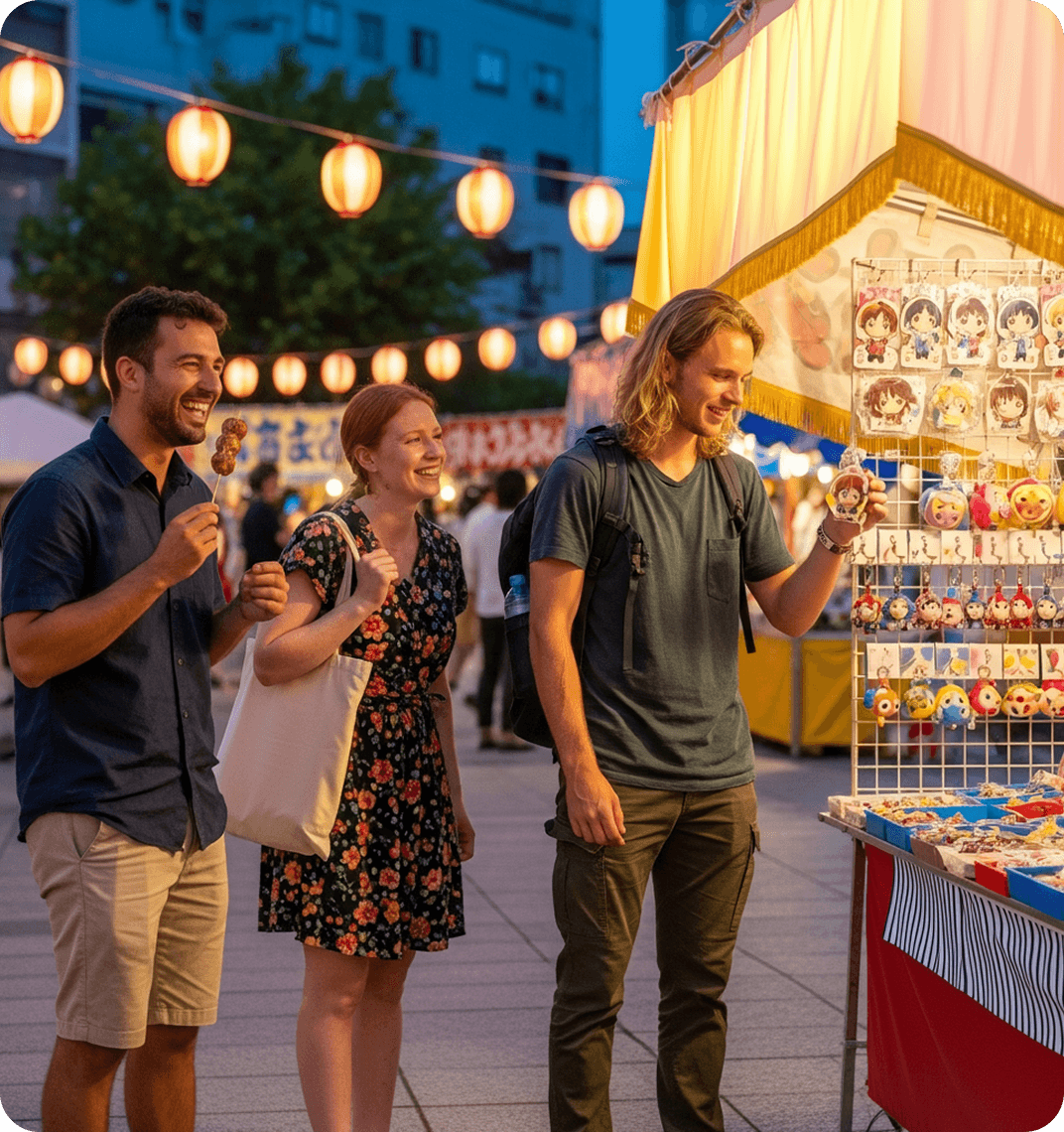 Three friends shopping at night during a Japanese festival.