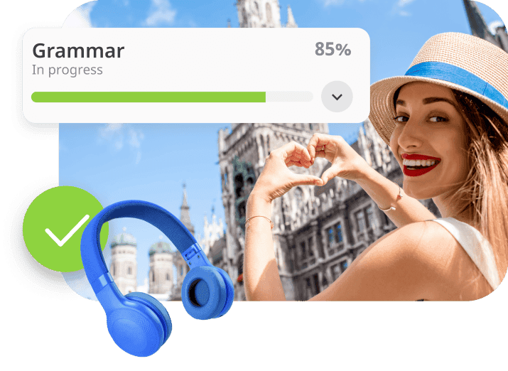 Woman poses in front of a sightseeing destination, overlaid with a progress tracking screen from the Rosetta Stone language learning app.