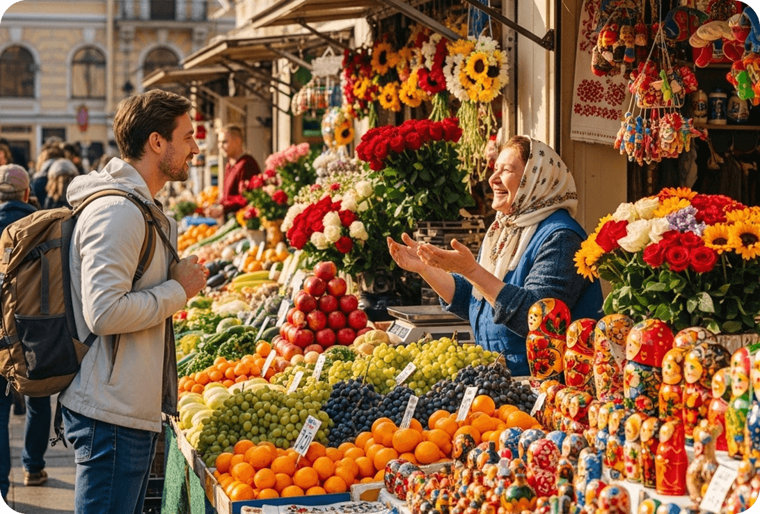 A traveler speaking Russian with a local vendor at an outdoor market in Saint Petersburg.