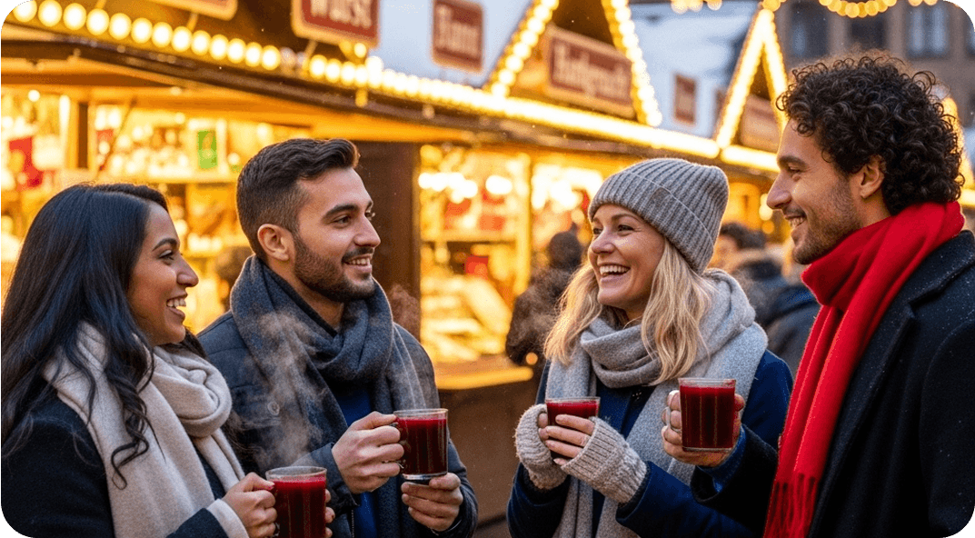 Four friends enjoying a traditional German beverage at an outdoor Christmas market.