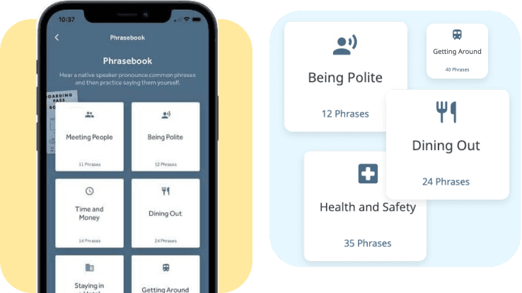 Language learning app interface offering units on meeting people, being polite, time and money, dining out, health and safety, and getting around.