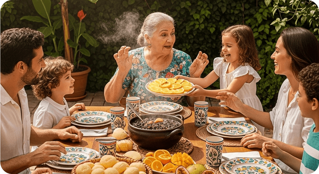 A Brazilian family enjoying a backyard lunch together, speaking Portuguese while sharing feijoada, pão de queijo, and fresh fruit.