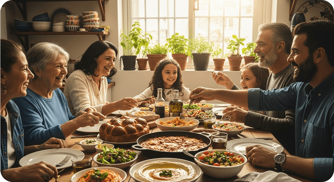 A family in Tel Aviv eats lunch together while conversing in Hebrew.