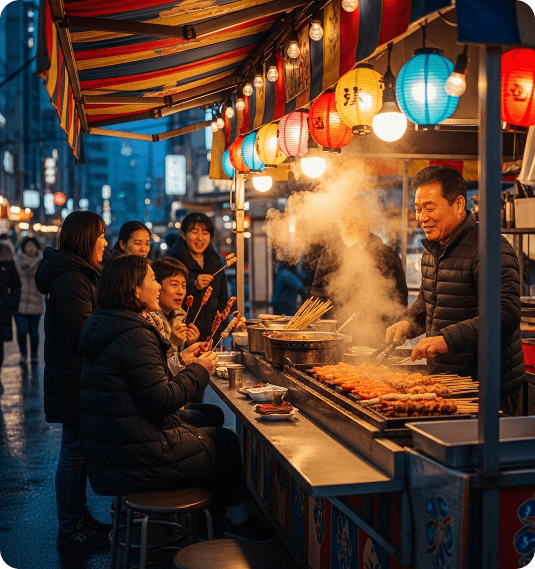 Locals eating tteokbokki and skewers at a Korean street food stall in Seoul.