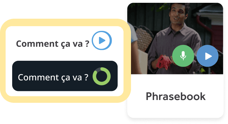 Language learning app interface showing accent feedback for a user speaking common phrases from a phrasebook.