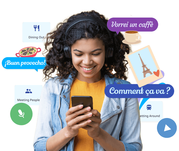 Smiling woman practices speaking a new language on a mobile app, surrounded by French cultural landmarks.