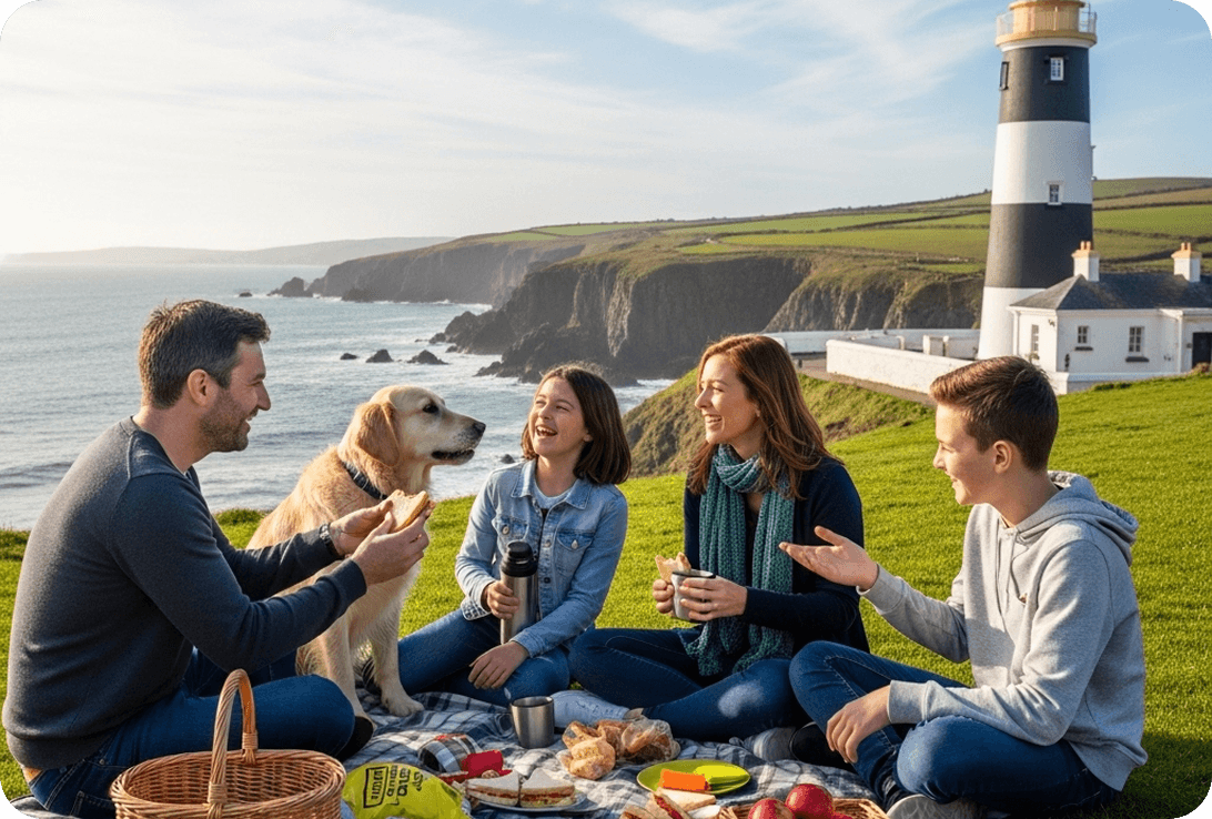 A family with a dog having a picnic at Wexford’s Hook Head Lighthouse.