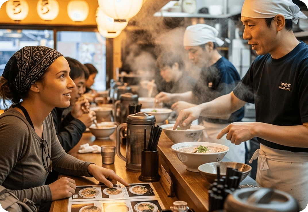 A traveler at a ramen counter in Tokyo.