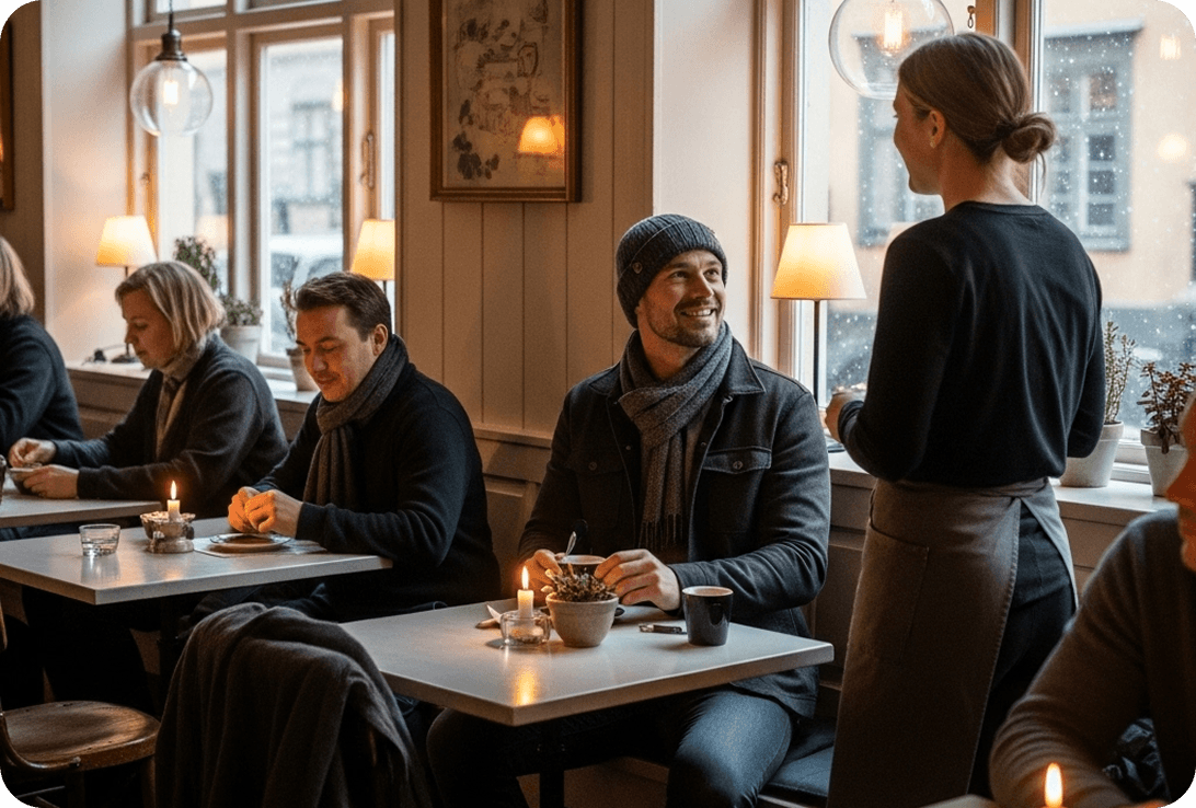 A traveler speaking Swedish with a barista at a cozy café in Stockholm’s old town (Gamla Stan).