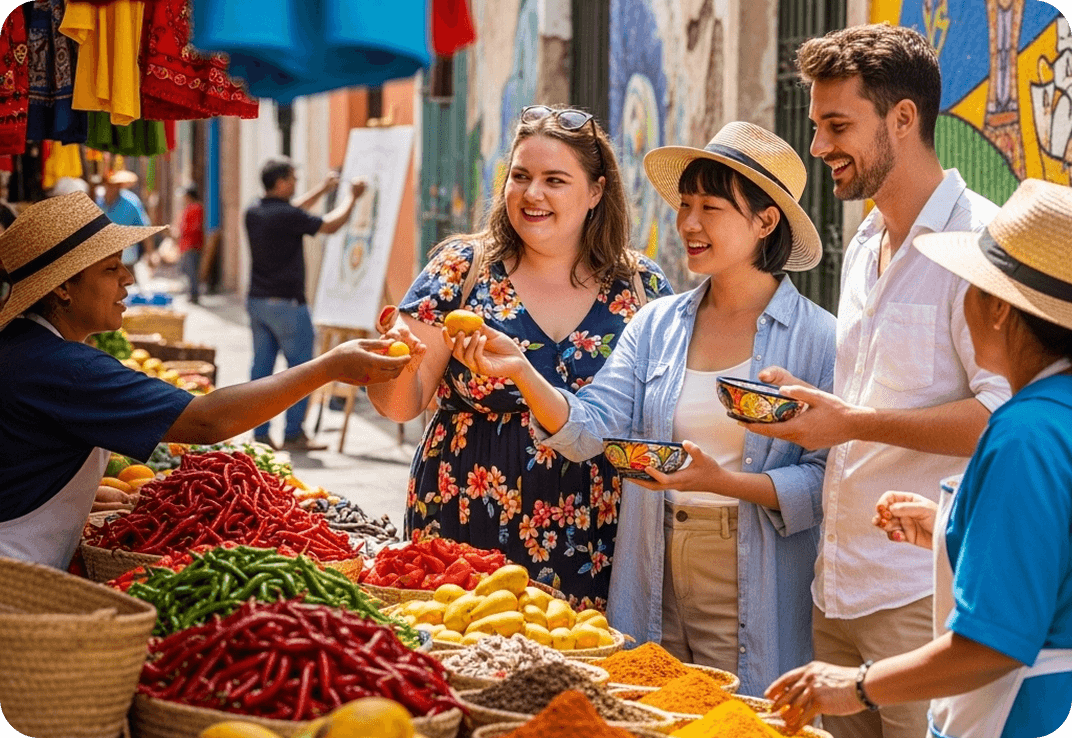Friends practicing Spanish at a local market.
