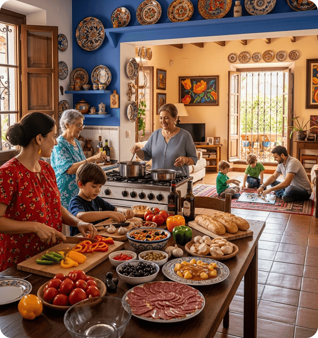 Family speaking Spanish while cooking together.
