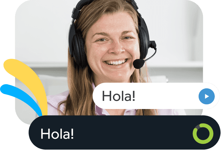 Smiling woman practices speaking Spanish.