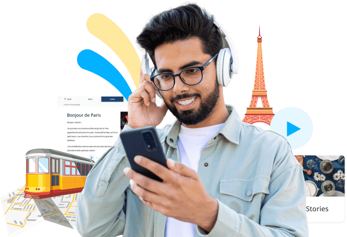 Smiling man practices speaking a new language on a mobile app, surrounded by French cultural landmarks.