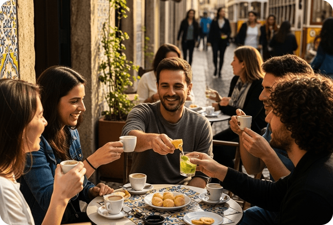 Friends sitting at a lively street café, chatting in Portuguese while enjoying coffee, caipirinhas, and snacks.