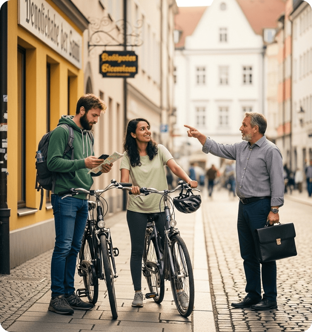 Two travelers asking for directions in German on an old Munich street.