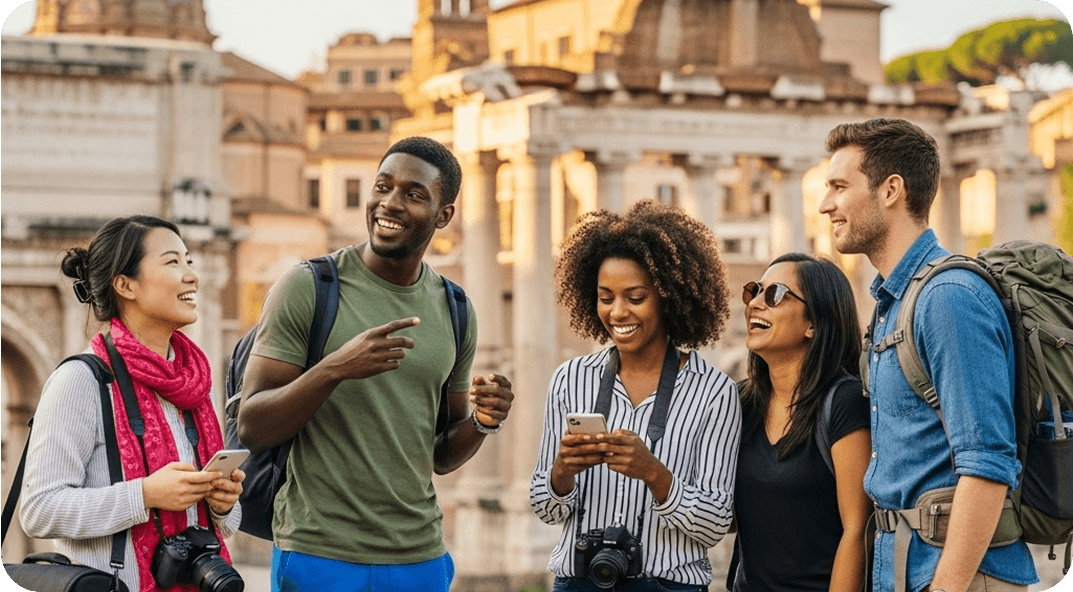 Five tourists in Rome explore ancient monuments.