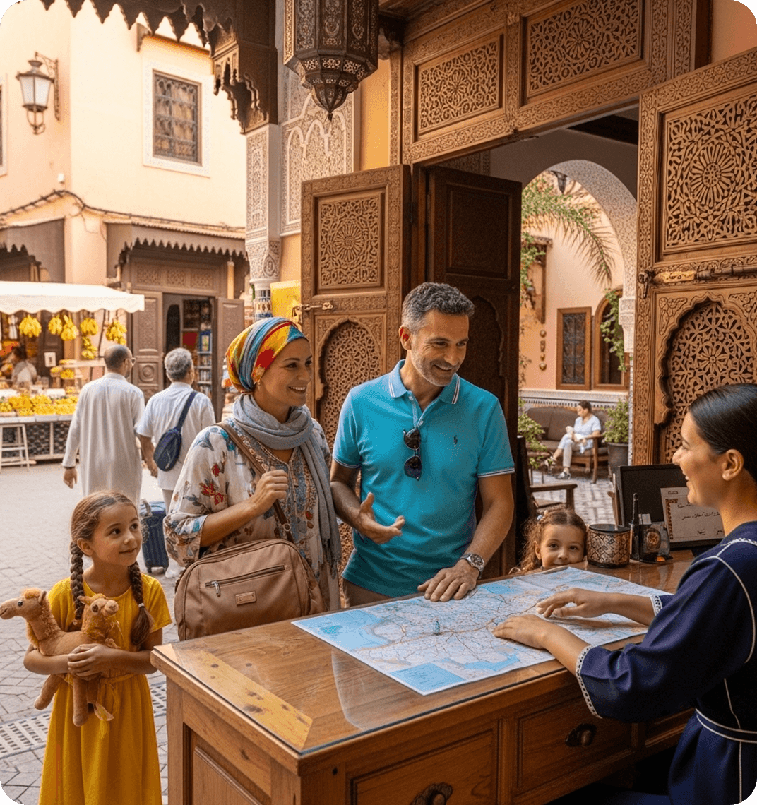 Tourists asking for directions from a local in Arabic.