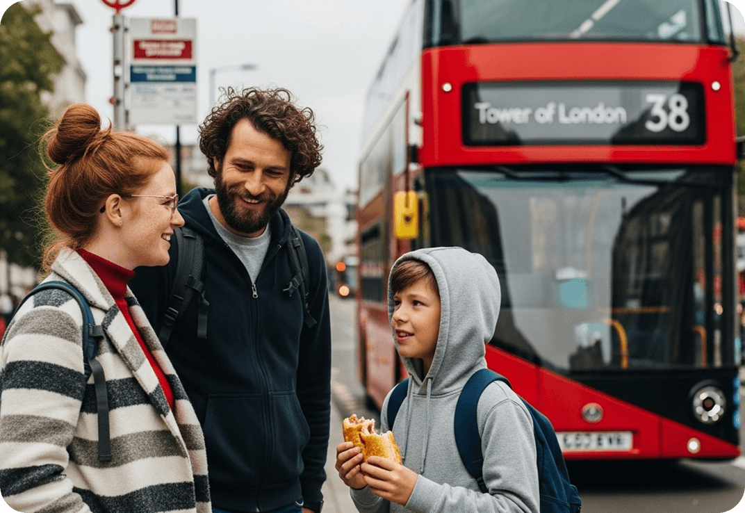 A young family at a classic red double-decker bus stop in London.