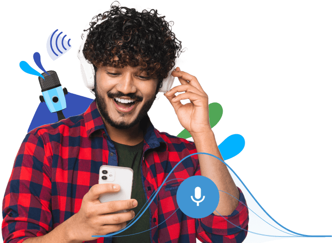 Smiling man practices speaking a new language on the Rosetta Stone mobile app.