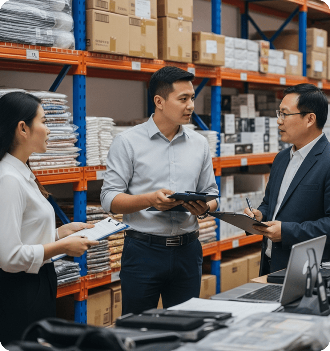 A businessperson standing in a warehouse in China, speaking in Mandarin with a wholesale owner.