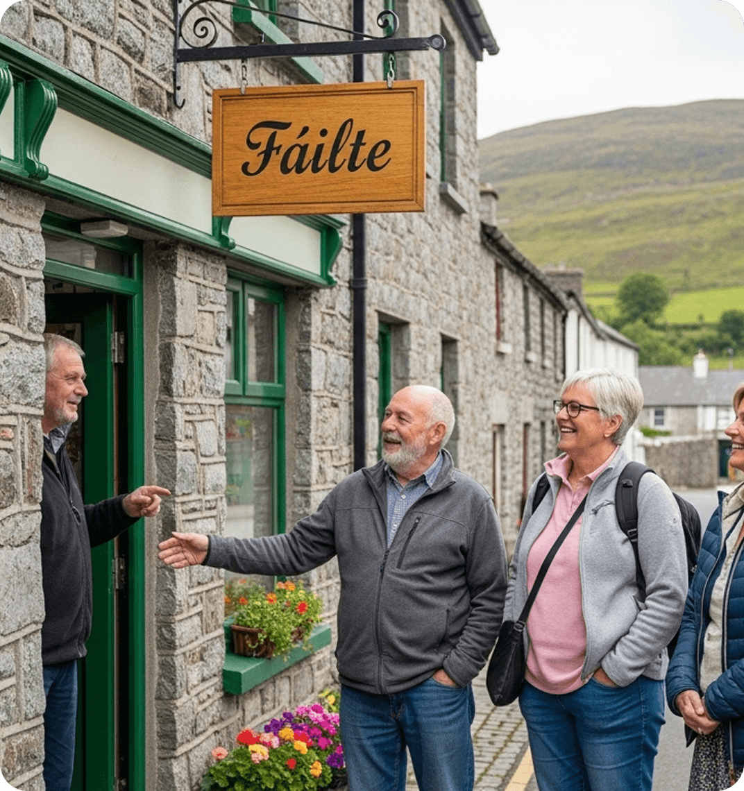 A small group visiting a traditional Irish village, speaking Irish with a local shop owner or guide.